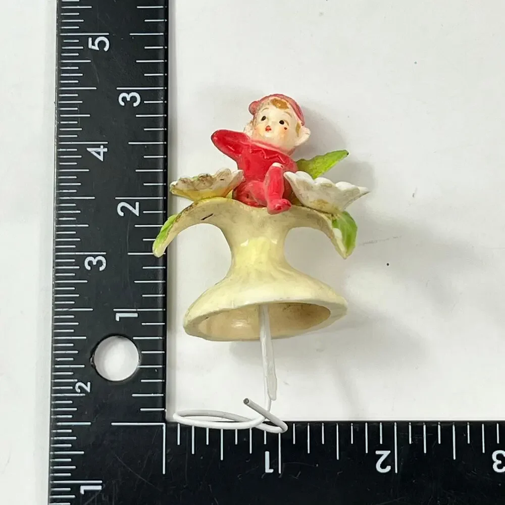 Vintage Elf Pixie on Flower Pick Figurine Red Suit Daisies ~2.25